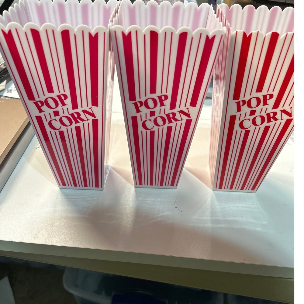 Set of 3 Popcorn Containers Novelty Red White Striped Plastic Movie Night Party‎